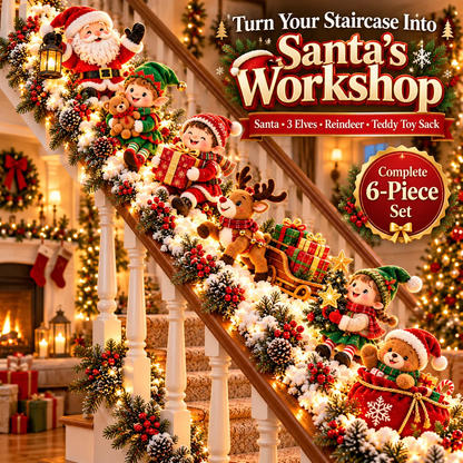 🎅 Santa’s Staircase Workshop – Lighted 6-Piece Christmas Stair Railing Decor 🎄