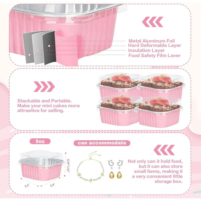 30-Pack Pink Mini Foil Cake Pans with Lids – 5oz Disposable Dessert Cups