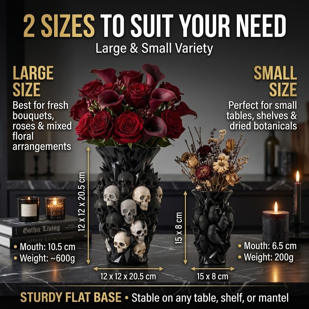 💎💀Gothic Skull & Crow Resin Vase- Halloween Dark Decor Vase