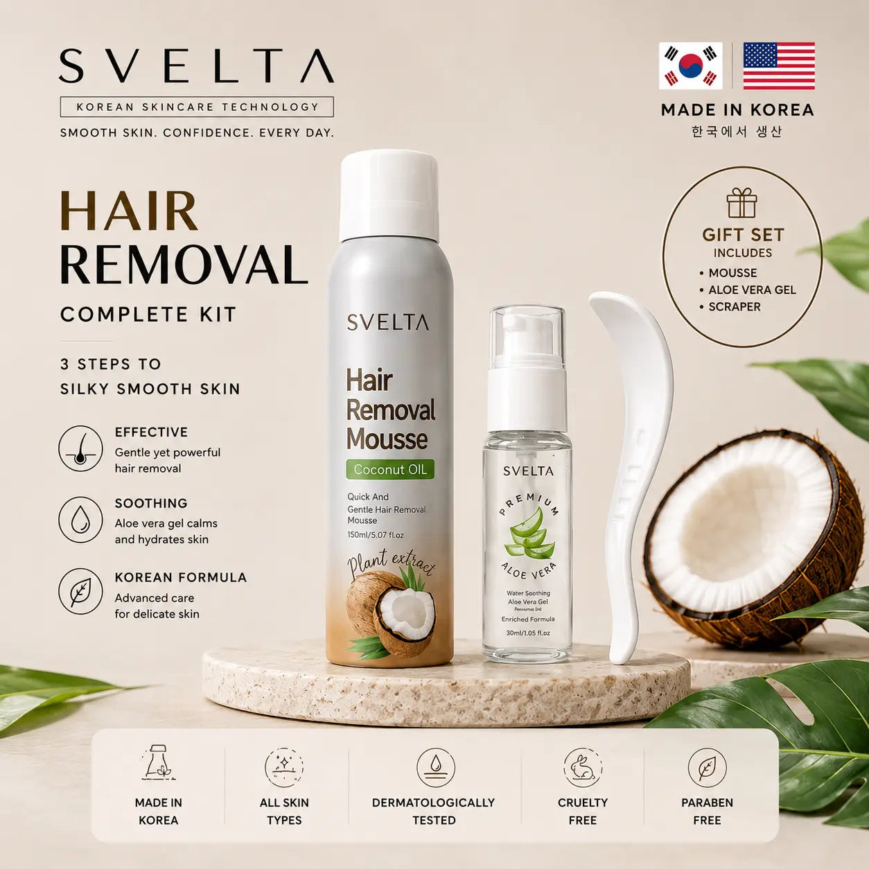Hair Removal Mousse Kit for Legs, Arms & Underarms