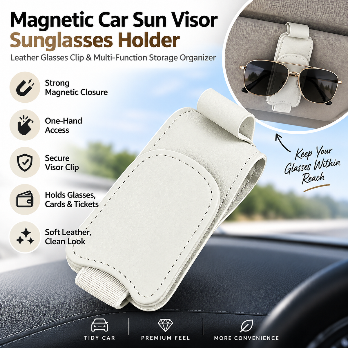 🚗 Magnetic Sun Visor Organizer – Leather Sunglasses, Card & Ticket Holder