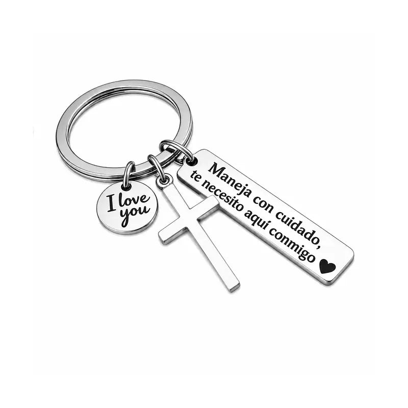 Maneja Con Cuidado Te Necesito Aquí Conmigo Keychain with Cross & "I Love You" Charm