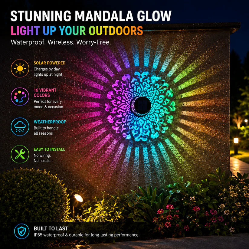 Solar Mandala Wall Light Projector, 16 Color Changing Outdoor Solar Light, Waterproof LED Decorative Light for Patio, Fence, Garden Yard