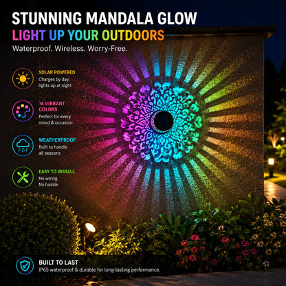 Solar Mandala Wall Light Projector, 16 Color Changing Outdoor Solar Light, Waterproof LED Decorative Light for Patio, Fence, Garden Yard