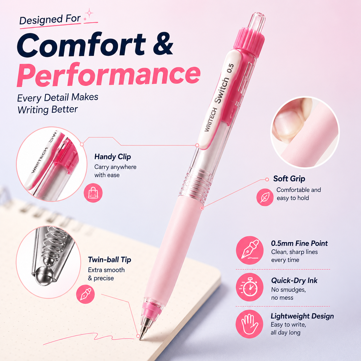 ✨ 6-Color Silent Switch Gel Pen Set | Twist Between Silent & Clicky | 0.5mm Quick-Dry Smooth Writing Pens