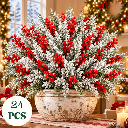 Frosted Pine and Red Berry Christmas Sprigs