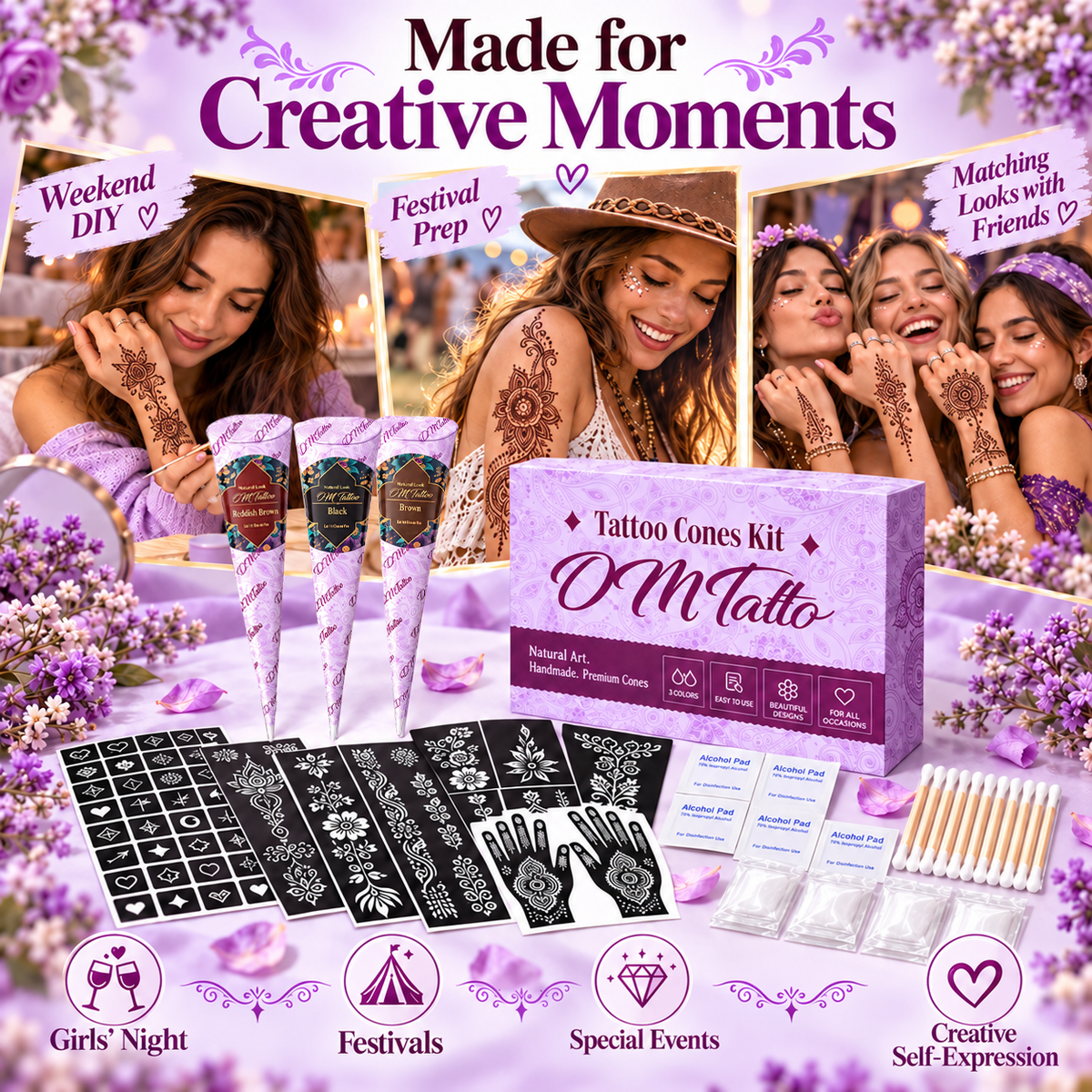 Henna Tattoo Kit with Stencils – Temporary Body Art Cones for Hands & Creative Designs
