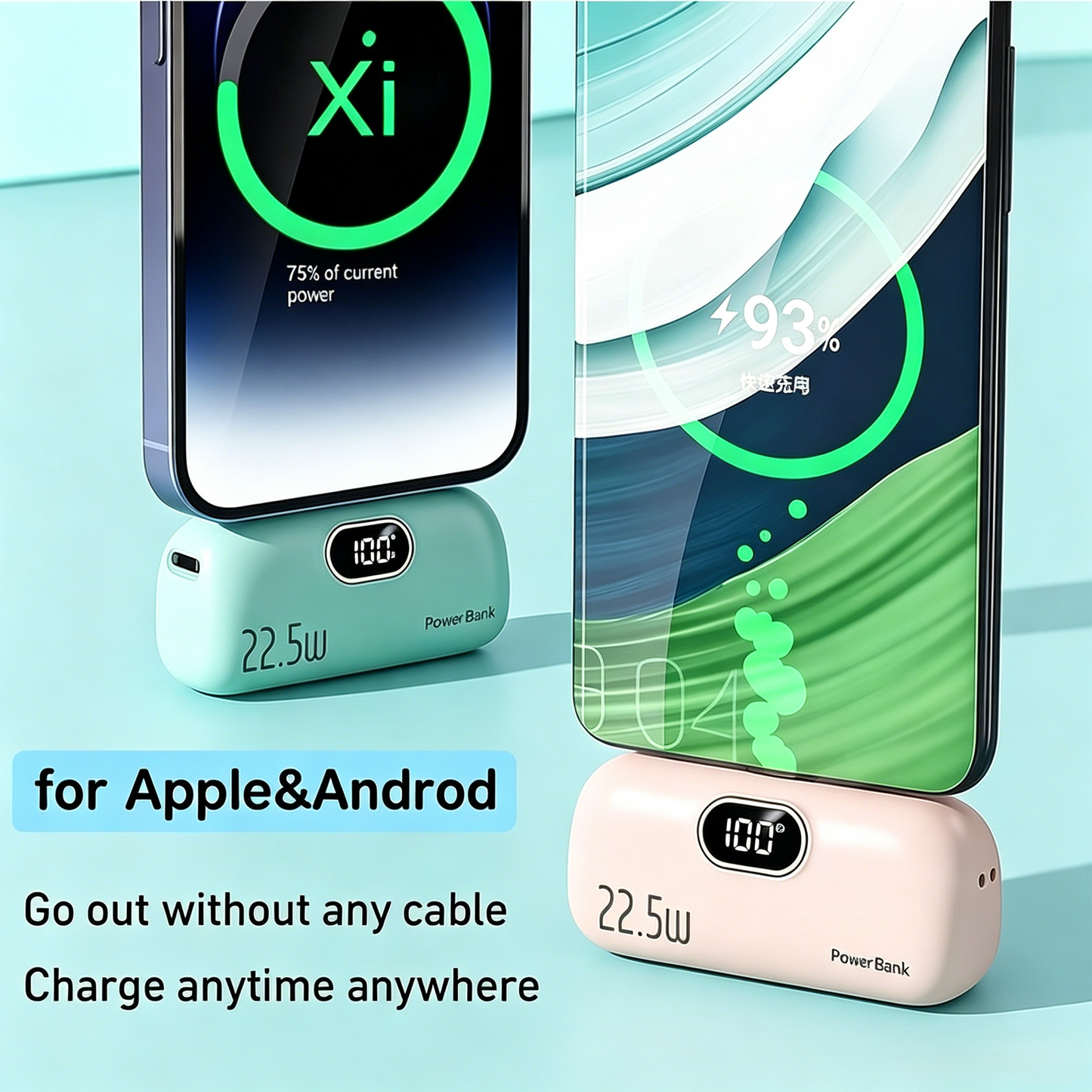 5000mAh Mini Power Bank | 22.5W Fast Charge, Built-in Cable, Pocket-Sized for iPhone & Android-RH