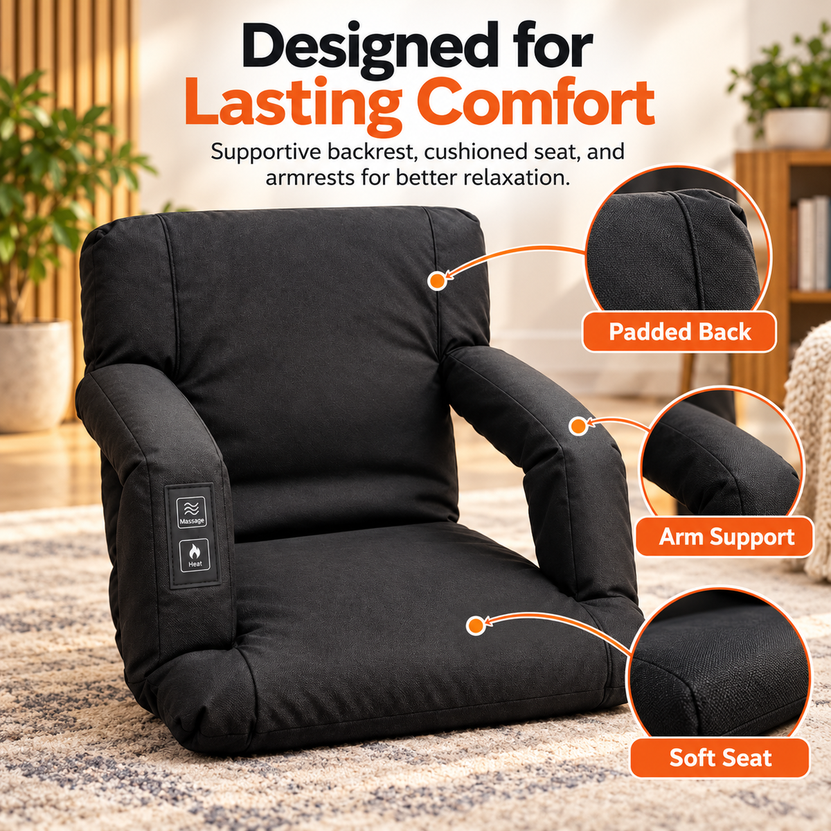 🔥 Heated Massage Floor Chair – Foldable Portable Lounge Seat with Padded Back & Armrests 🪑