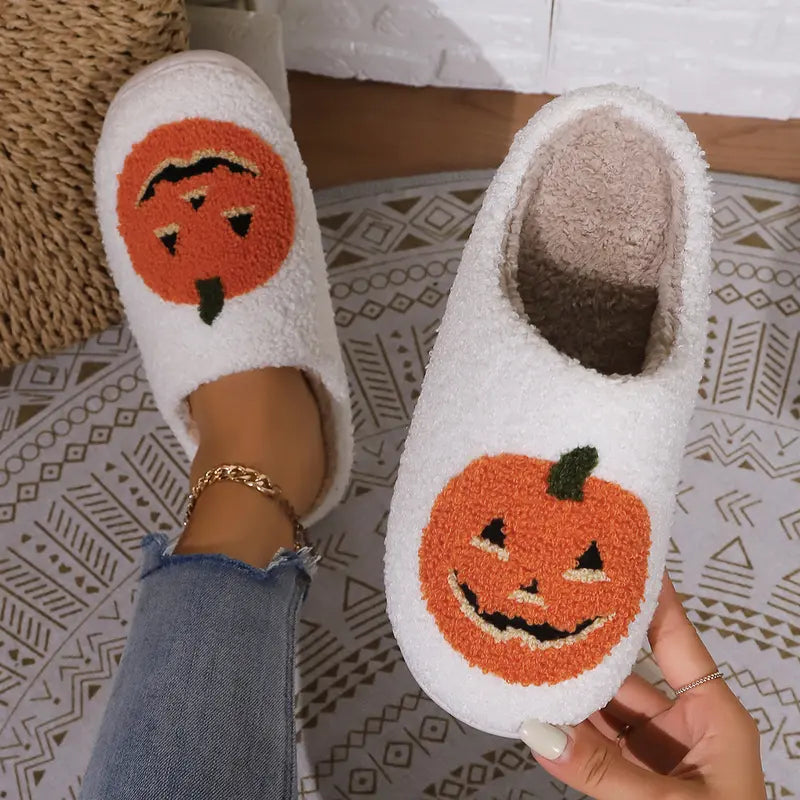 Women Men Comfy Faux Fur Lined Skull Pumpkin Plush Slippers