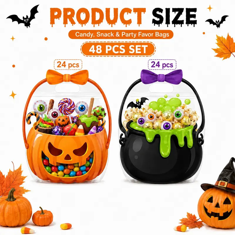 Halloween Goodie Bags Plastic Candy Bag Trick or Treat Bags with Cauldron Skeleton black Cat Skull Pumpkin Design