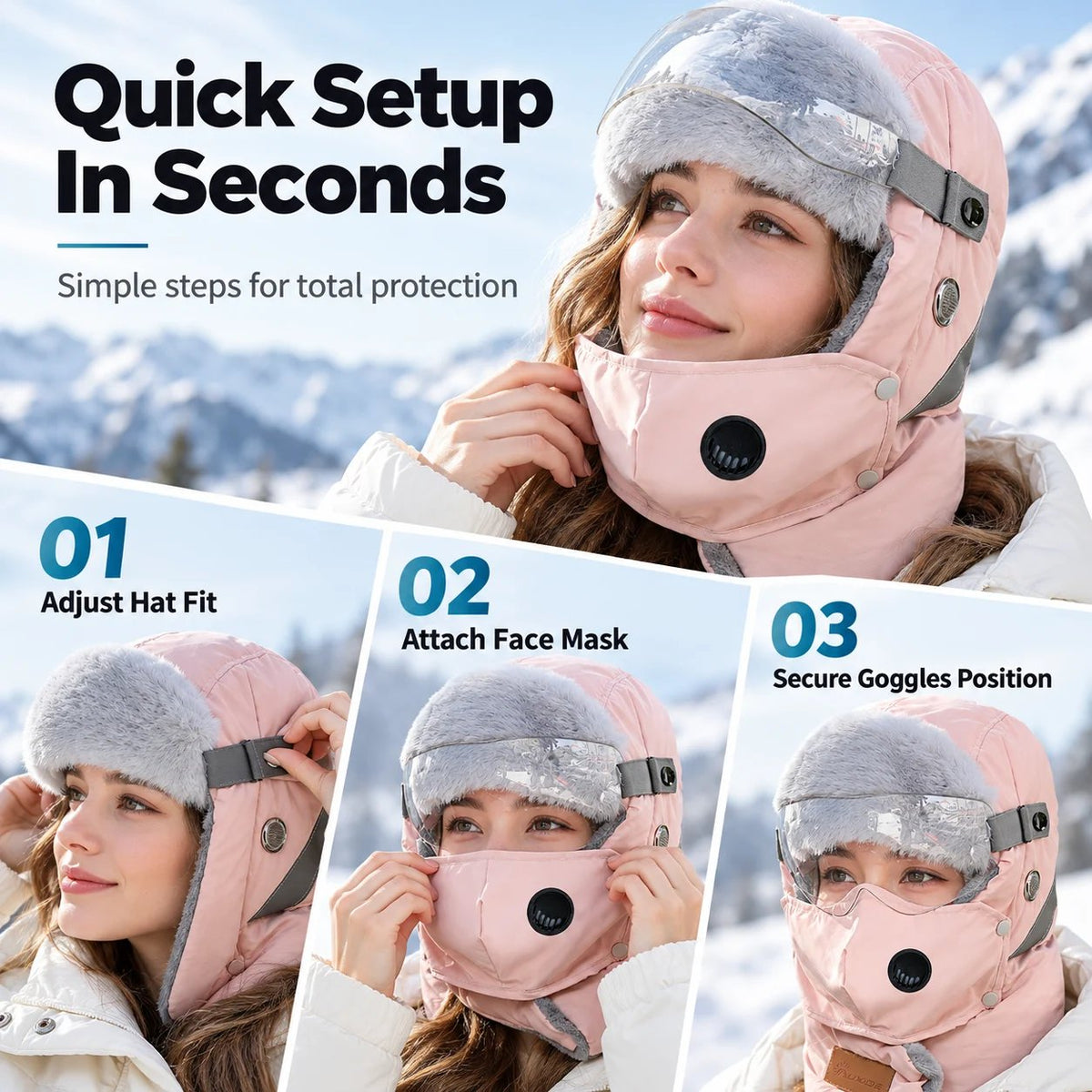 Three illustrated steps for wearing the ushanka hat, face mask and goggles