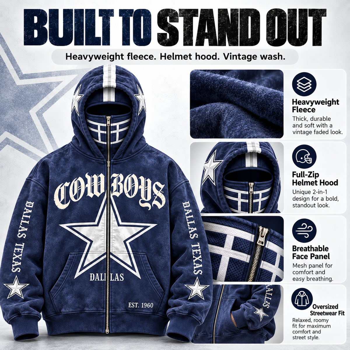 🏈 2-in-1 Football Full-Zip Hoodie for Men & Women – Helmet-Style Zip Hood, Oversized Fit, Long Sleeve Game Day Pullover Jacket for Football Fans 🏆