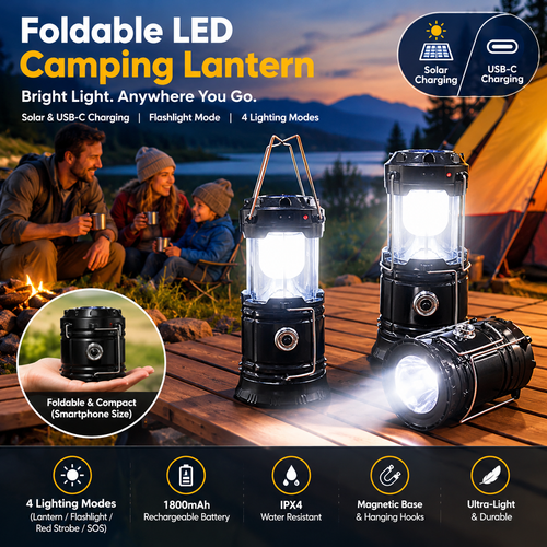 Foldable LED Camping Lantern with Solar & USB-C Charging and Flashlight Mode