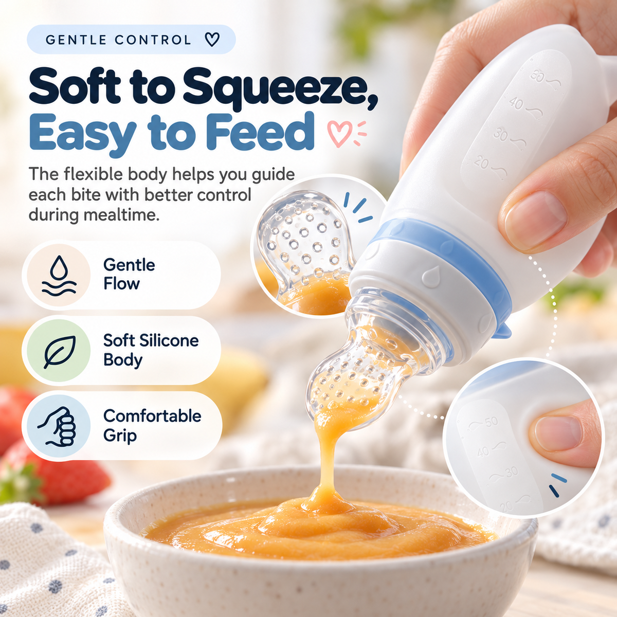 👶💕Soft Squeeze Baby Food Feeder – Refillable Puree Bottle with Protective Cap