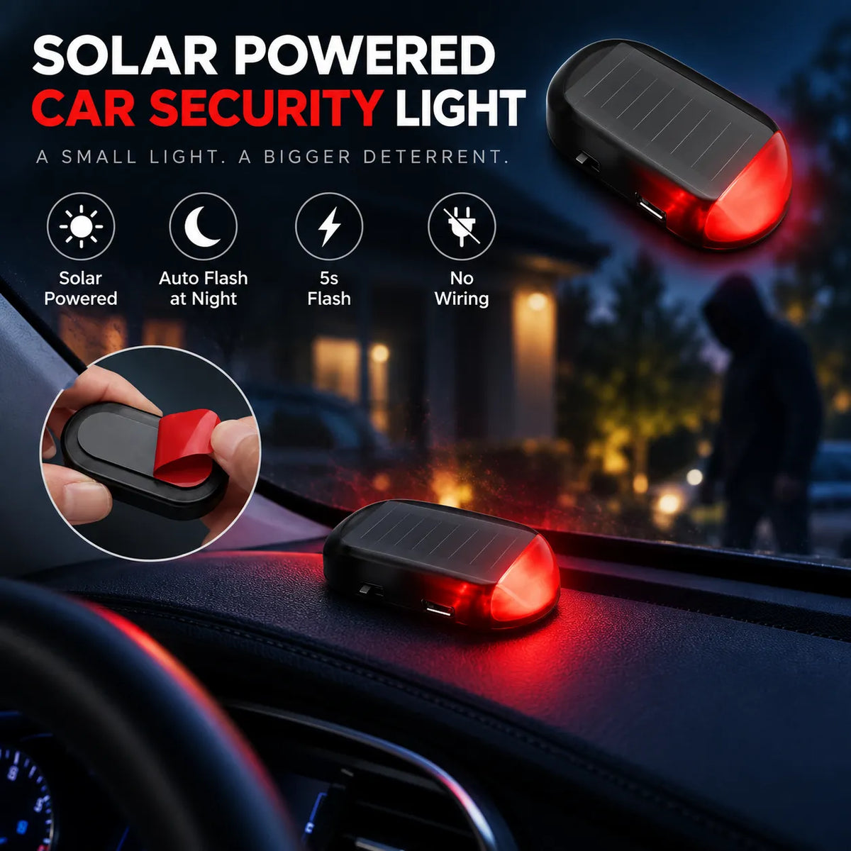 🚗 Solar Car Security Warning Light – Auto-Sensing 5-Second Flash LED with USB Backup Charging