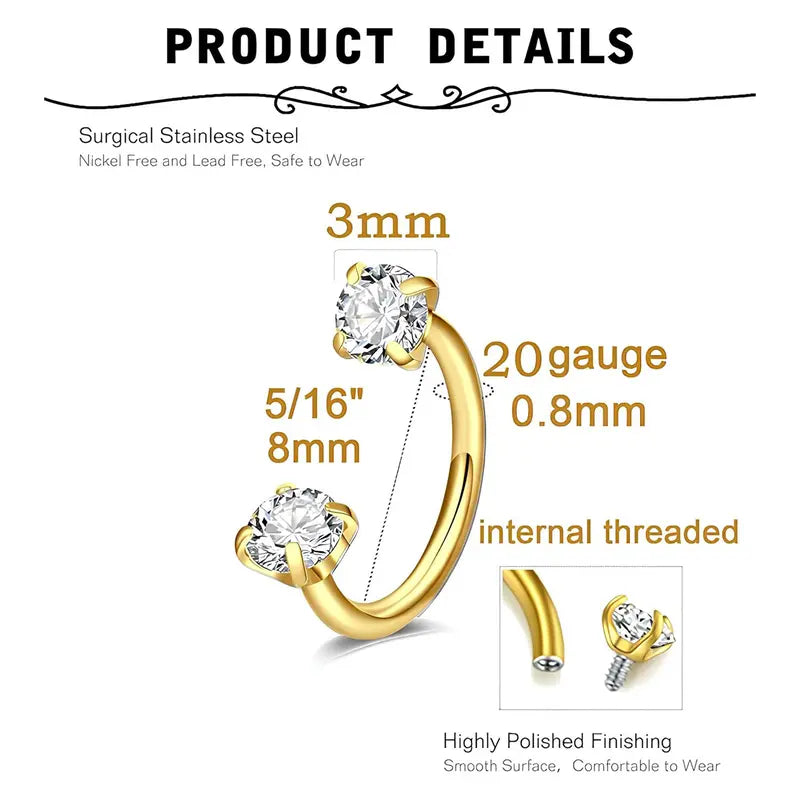 316L medical-grade titanium steel 18G 1.0mm Horseshoe Nose Hoop Internally Threaded Gems Nose Ring
