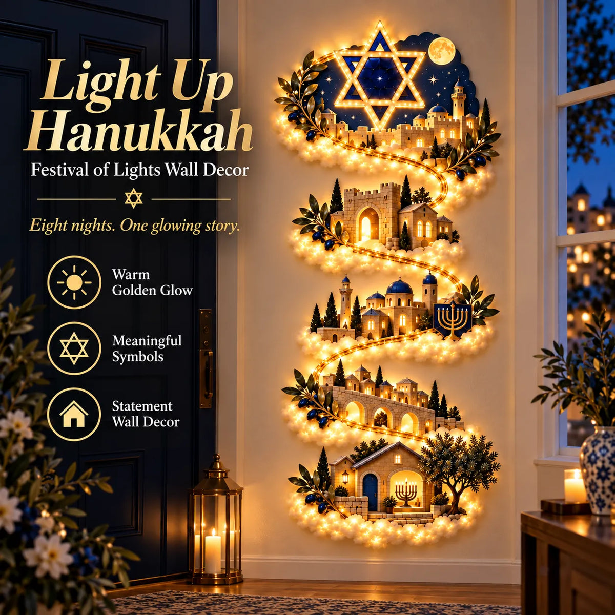 🔥🎁🕎 Hanukkah Festival of Lights Wall Decor Collection – 4 Glowing Designs Celebrating Eight Nights of Light ！！！✨