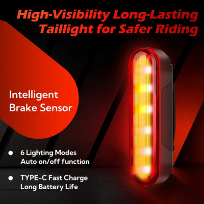 Unisex Smart Bike Tail Light - 3.15in, 5 LED, Laser Indicator, USB-Rechargeable, 6 Modes, Waterproof, Luminous, Compact Eco-Friendly Cycling Accessory for Cyclists in All Weather Conditions