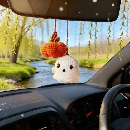 Handmade Crochet Ghost & Pumpkin Rear View Mirror Hanging Car Charm