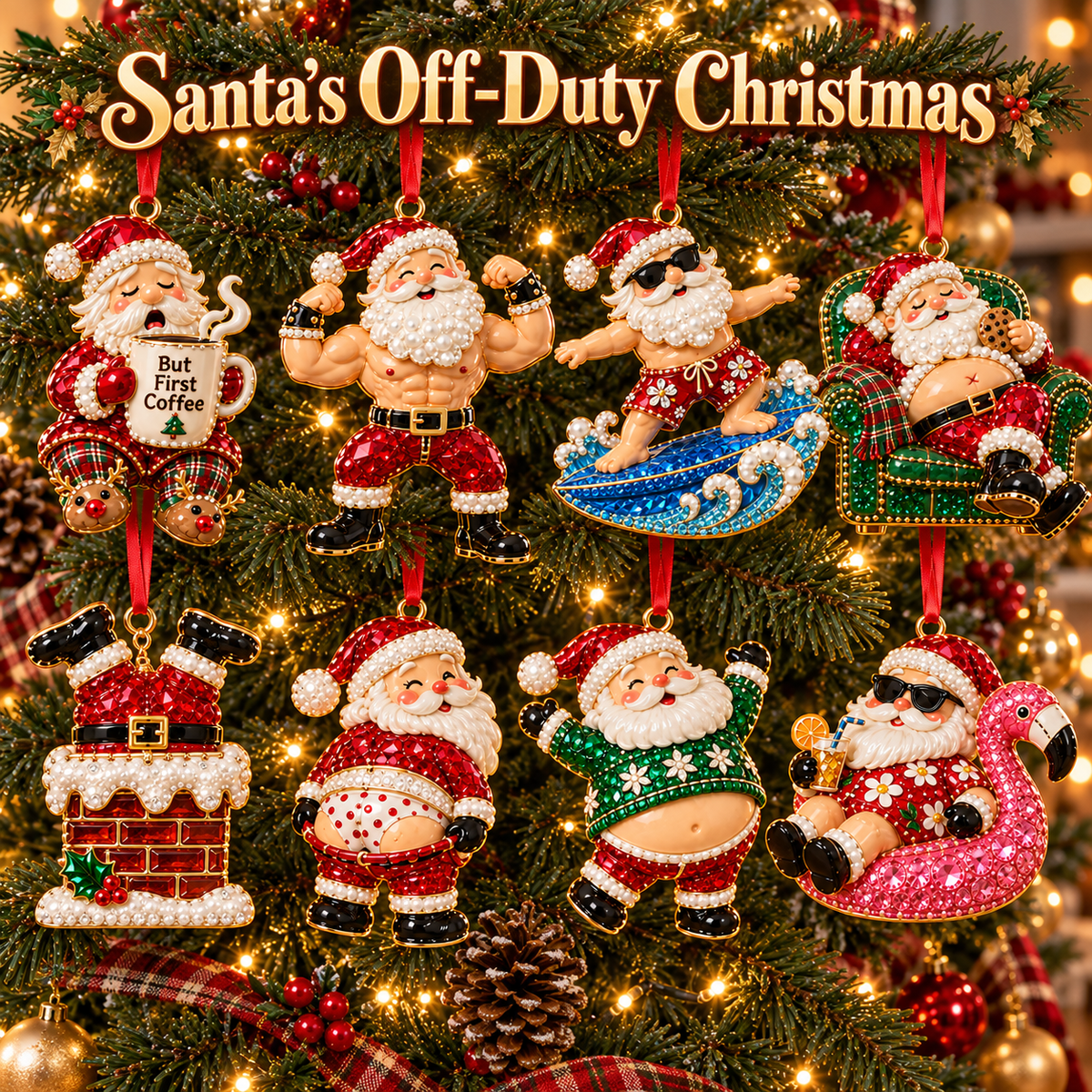 🎅 Santa’s Off-Duty Christmas Ornaments – 8 Funny Holiday Keepsake Designs💪🏄