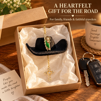 St. Jude Car Blessing Charm – Handmade Protection Ornament with Black Sombrero | Car Trinket & Decoration Gift