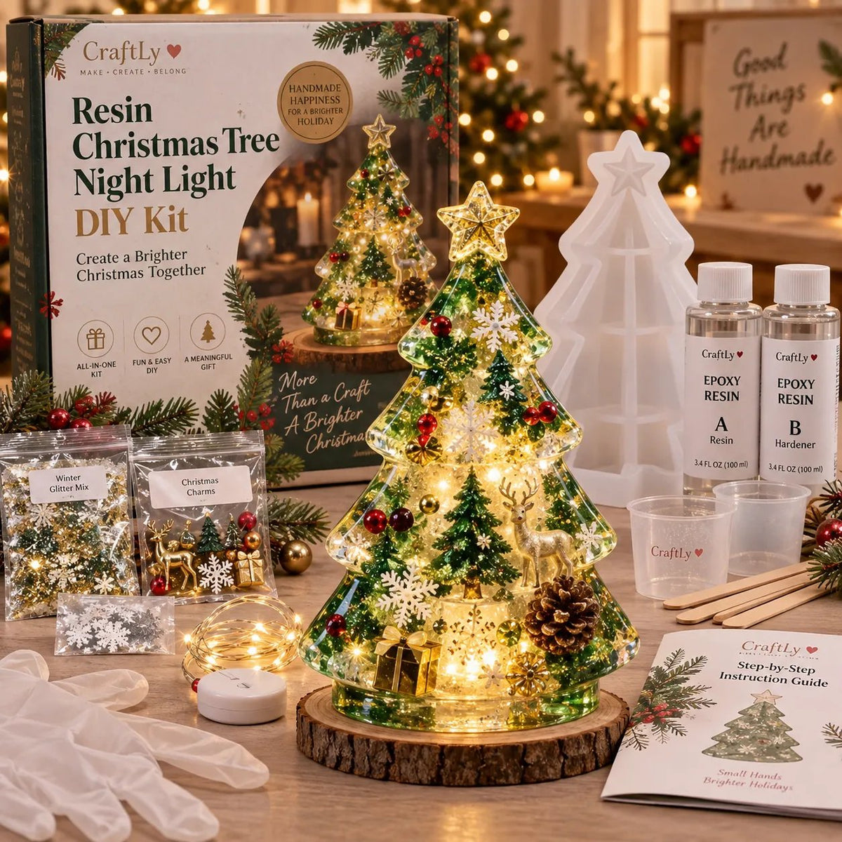 🔥HOT SALE🔥🎄Beginner-Friendly Resin Christmas Tree Night Light DIY Kit | Complete Kit with Mold, Resin, Fairy Lights & Festive Decorations ✨