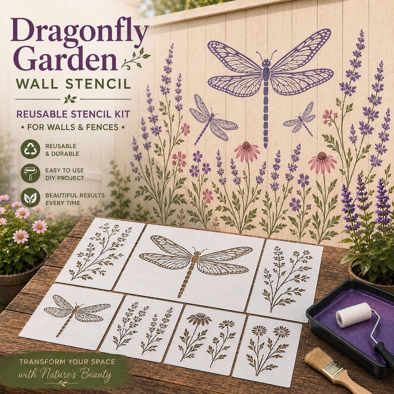 🦋🌸Last Day 50% OFF - 🌿Garden Bloom Wall Stencil Kit | DIY Garden Painting Templates for Every Space