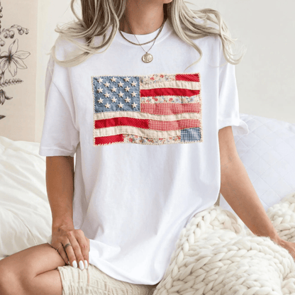 Retro American Flag Shirt, Faux Patchwork USA Tee, Digital Print Shirt, 4th of July Shirt