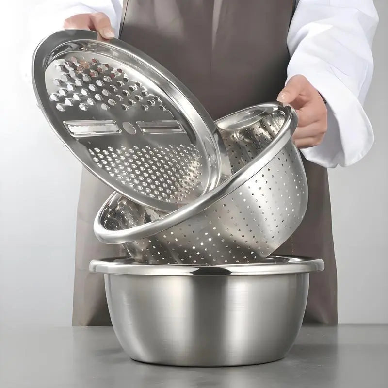 3-In-1 Stainless Steel Multi-Functional Strainer Set, Includes Basin/sieve/cutter