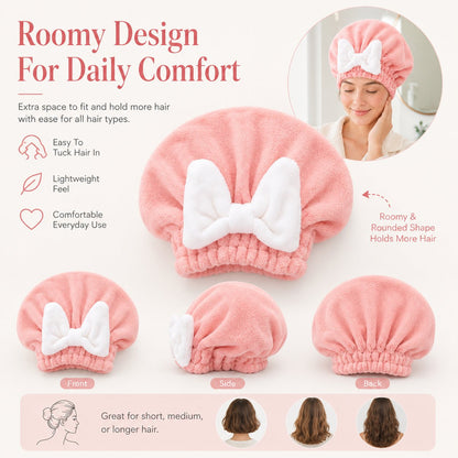 Women's Bow Decor Shower Caps & Hair Drying Cap Set, Soft Ultra-Absorbent Reusable Hair Towel Wrap, Camping & Bathroom Essential (Sports & Outdoor)