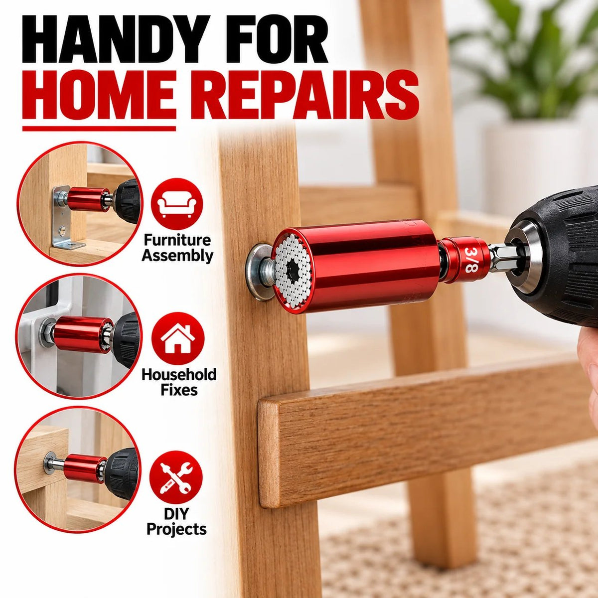 Universal Socket Tool – 7–19mm Self-Adjusting Grip Socket with Drill Adapter