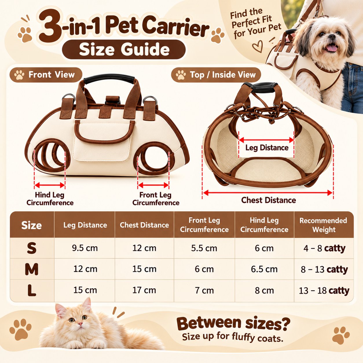 Hands-free pet carrier S M L measurement and size guide