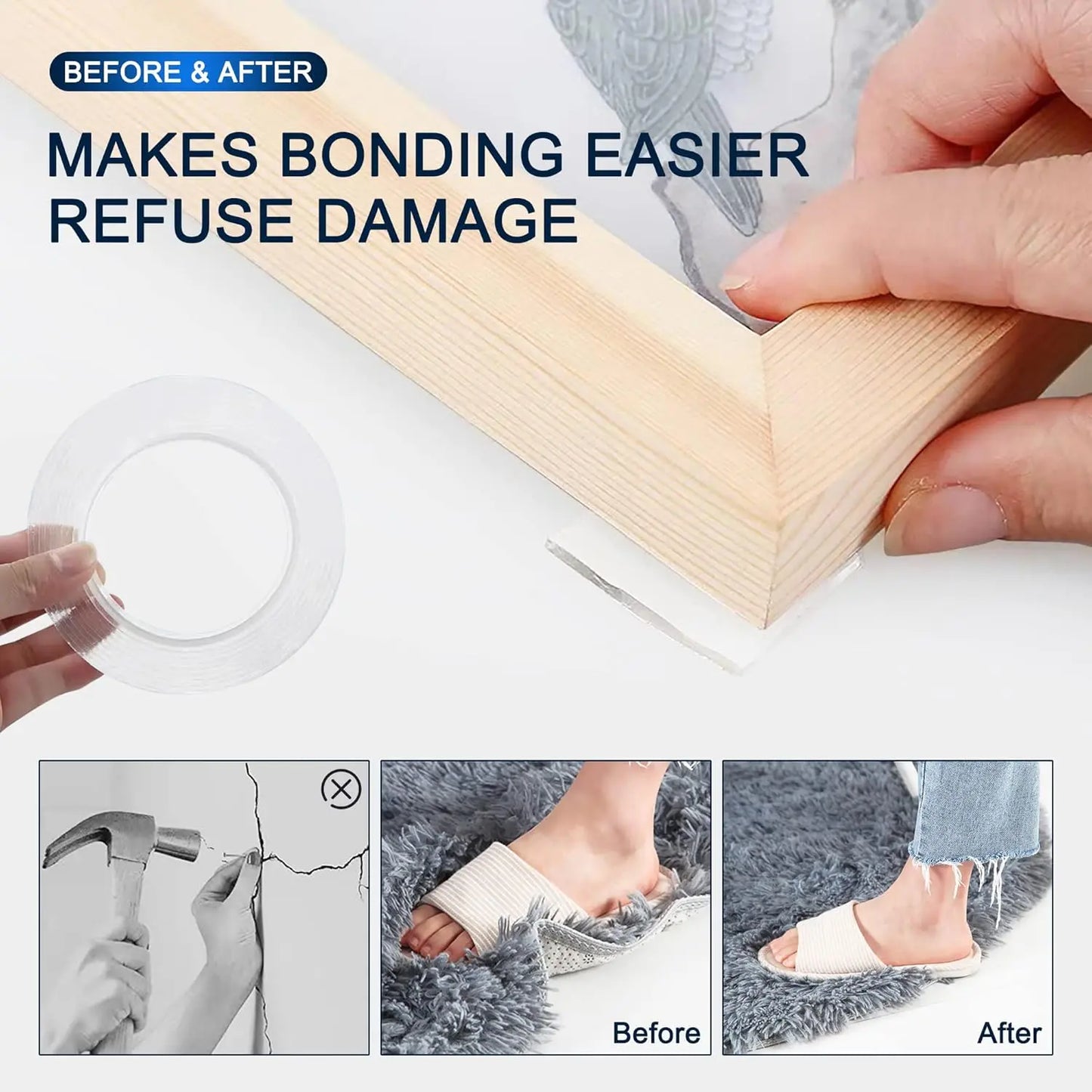 2-Pack Heavy Duty Nano Double-Sided Mounting Tape | Clear Removable Adhesive Tape, 9.85 ft (3 m) for Picture Hanging & Home Décor