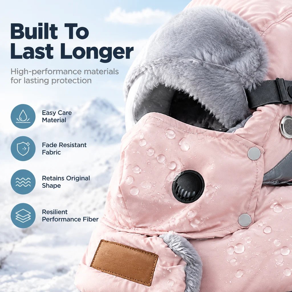 Water-repellent fabric and stitching detail of winter ushanka