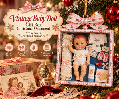🎄🎁Vintage Baby Doll Gift Box Christmas Ornament – Nostalgic Keepsake | A Heartwarming Christmas Gift for Doll Lovers, Moms & Grandmas.