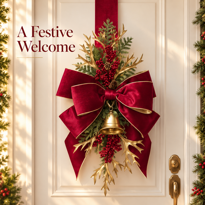 Luxurious Velvet Christmas Scapular with Red Berries, Golden Branches, and a Jingle Bell - 1.60m