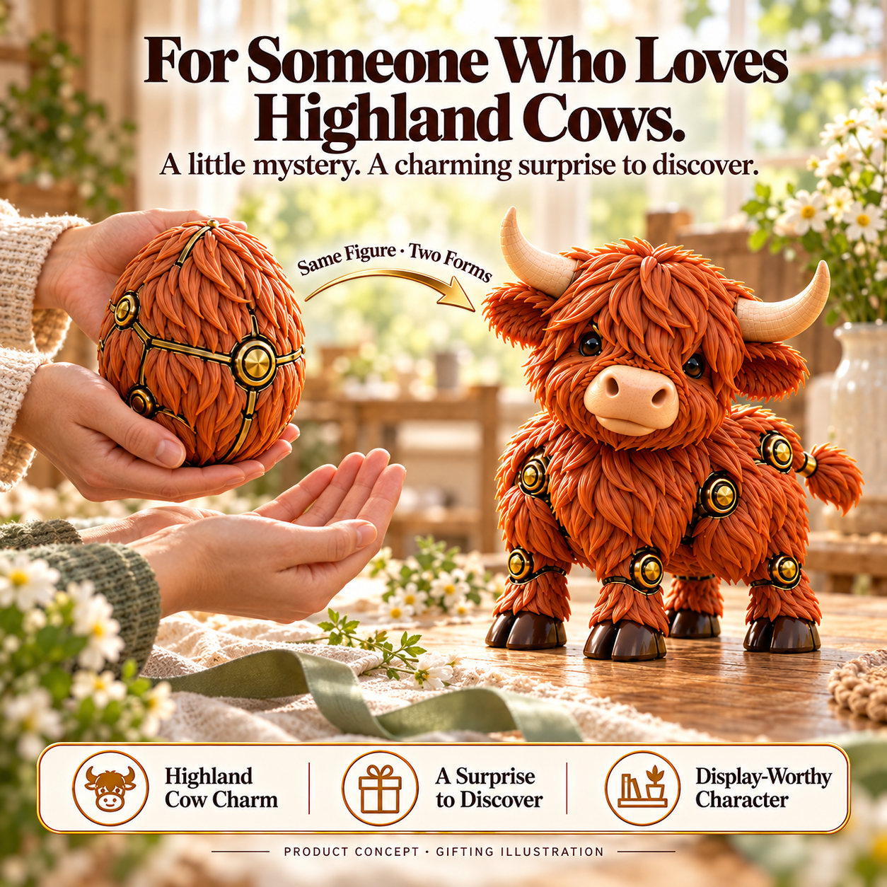 Highland Cow egg and character collectible gifting scene