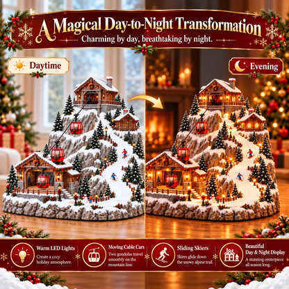 Animated Christmas Mountain Cable Car & Ski Village Scene