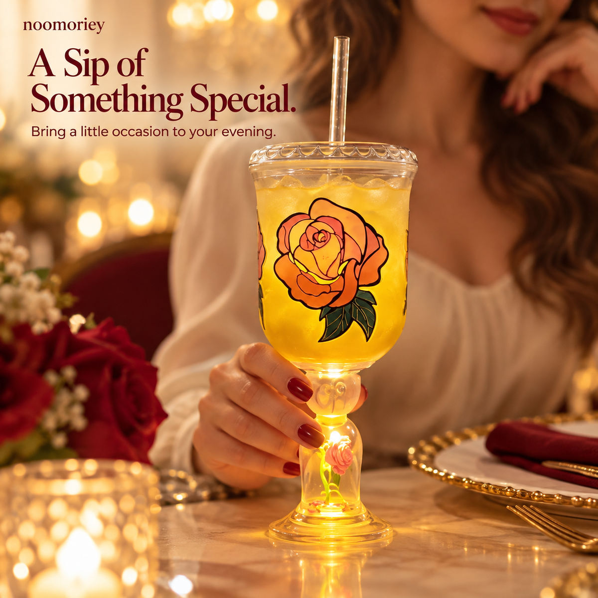 Light-Up Rose Goblet Cup with Straw, Aesthetic LED Flower Tumbler