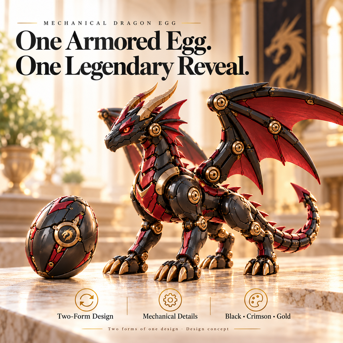 🔥LAST DAY 49% OFF -🐉 Mechanical Dragon Egg – Black & Crimson Dragon with Folding Wings & Armored Details