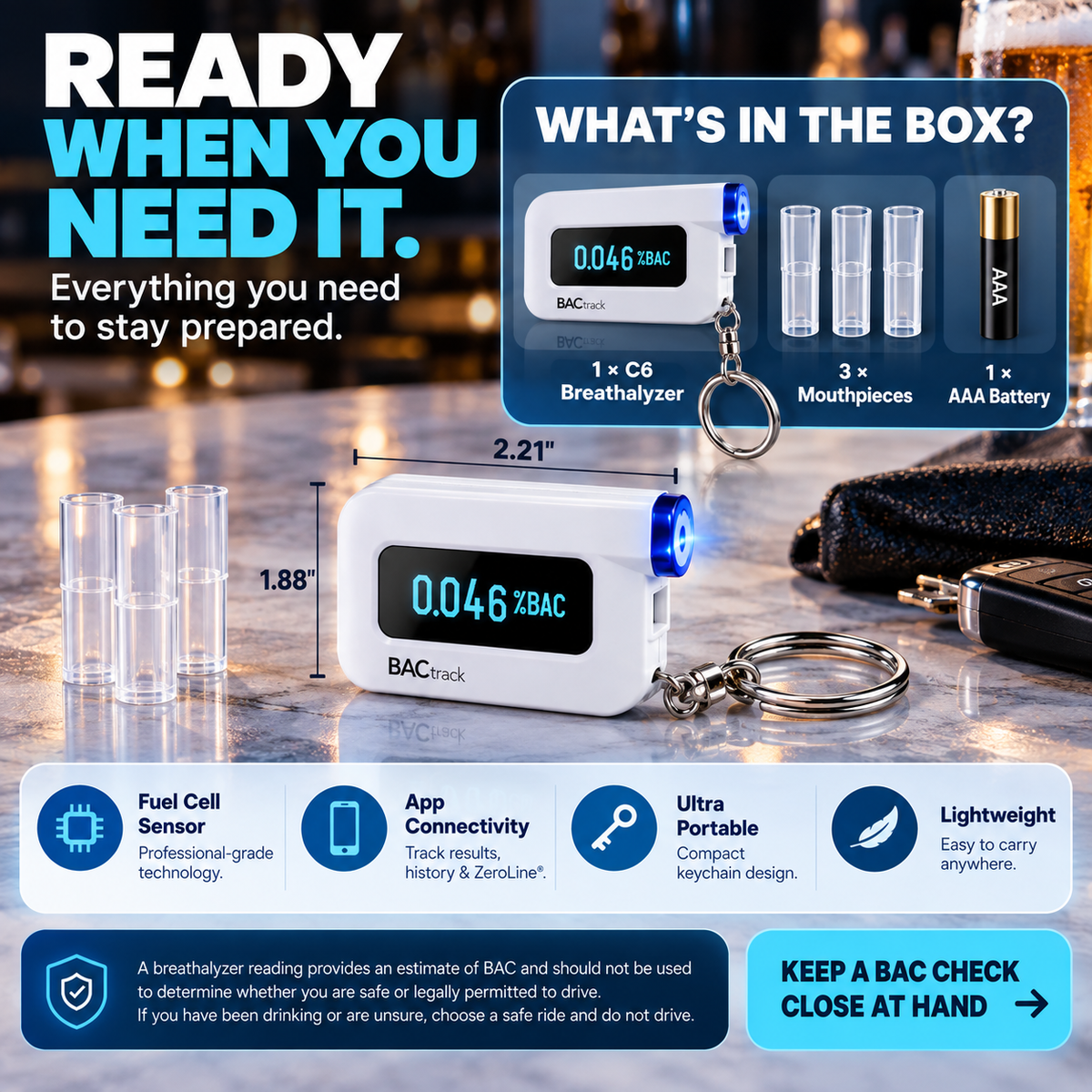 🚗 Pocket BAC Breathalyzer – Professional-Grade Alcohol Tester with App Tracking
