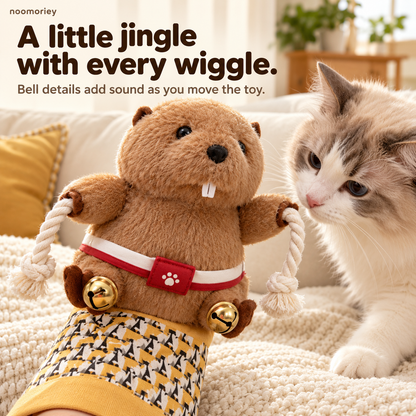 Interactive Beaver Cat Glove Toy – Plush Hand Puppet with Dangling Ropes & Jingle Bells 🐾