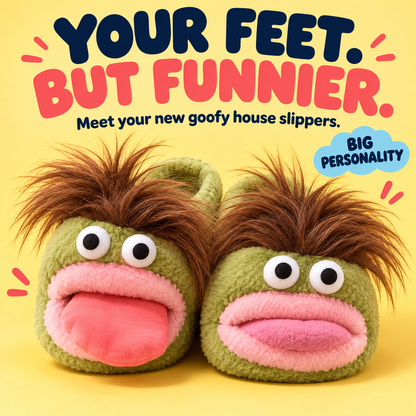 🤪 Funny Face Plush Slippers – Wild Hair, Googly Eyes & Cozy Indoor Fun 🎁