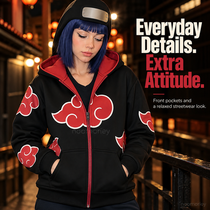 Anime Ninja Red Cloud Full-Zip Hoodie with Face Cover, Black Gothic Streetwear Jacket