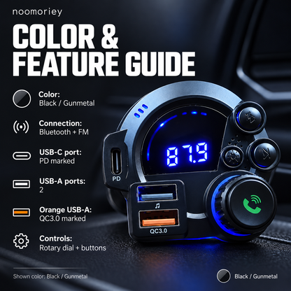Bluetooth FM Transmitter for Car, Wireless Audio Adapter with Hands-Free Calling, USB-C PD & QC3.0 Fast Charging