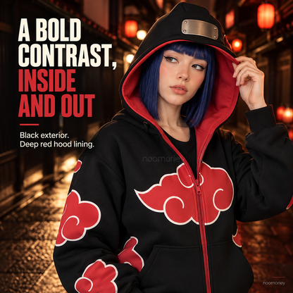 Anime Ninja Red Cloud Full-Zip Hoodie with Face Cover, Black Gothic Streetwear Jacket