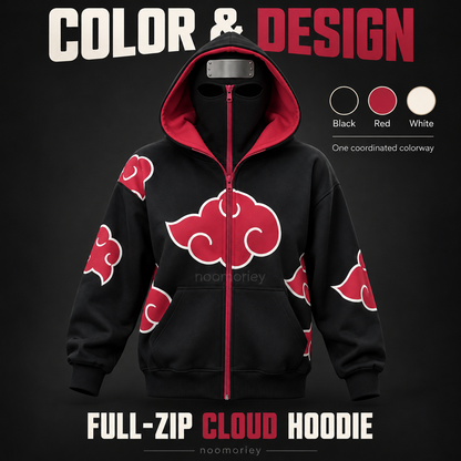 Anime Ninja Red Cloud Full-Zip Hoodie with Face Cover, Black Gothic Streetwear Jacket