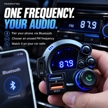 Bluetooth FM Transmitter for Car, Wireless Audio Adapter with Hands-Free Calling, USB-C PD & QC3.0 Fast Charging