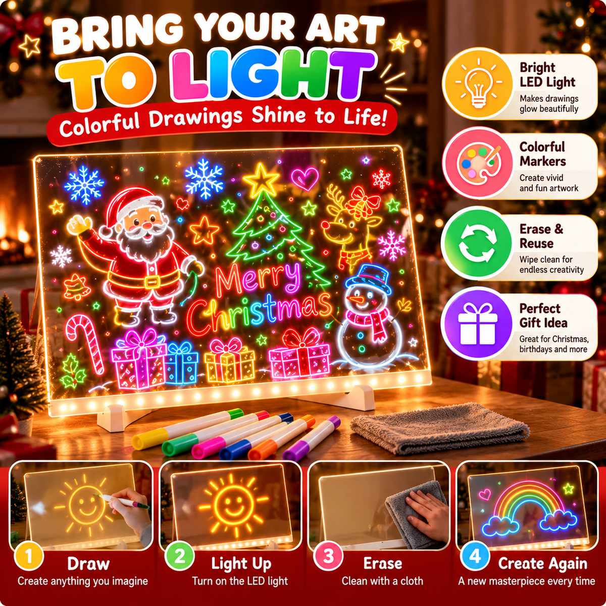 🎨 LED Light-Up Drawing Board for Kids – Reusable Glow Art Kit